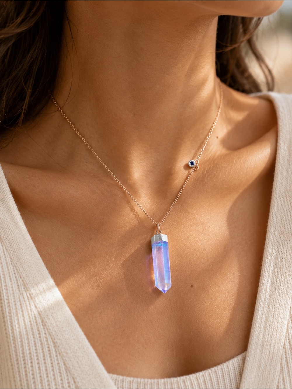 Angel Aura Quartz Crystal Point Necklace 14K Gold Plated